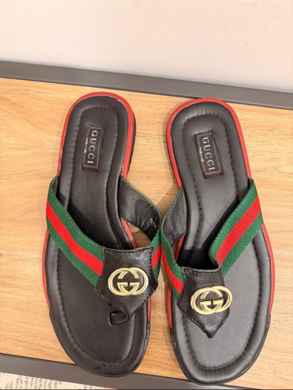 Men’s Gucci Black Leather Sandals with Red and Green Web Stripe